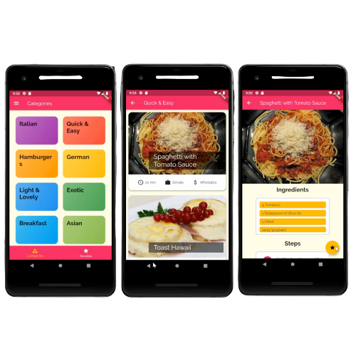 Rezepte-App: Kategorien, Rezept und Zutatenliste auf drei Smartphones (Screenshot)