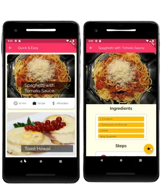 Rezepte-App mit Rezeptvorschlägen und Zutatenliste auf zwei Smartphones (Screenshot)